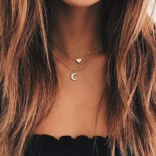 Load image into Gallery viewer, Moon and Heart Two Layer Necklace